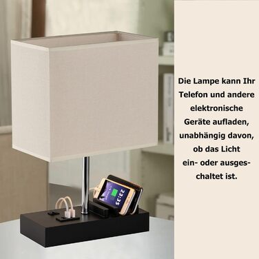 Настільна лампа Dreamholder з 3 USB-портами (A+C), підставкою для телефону, для спальні, вітальні, офісу, з натуральним дерев'яним цоколем та тканинним абажуром (чорний цоколь)