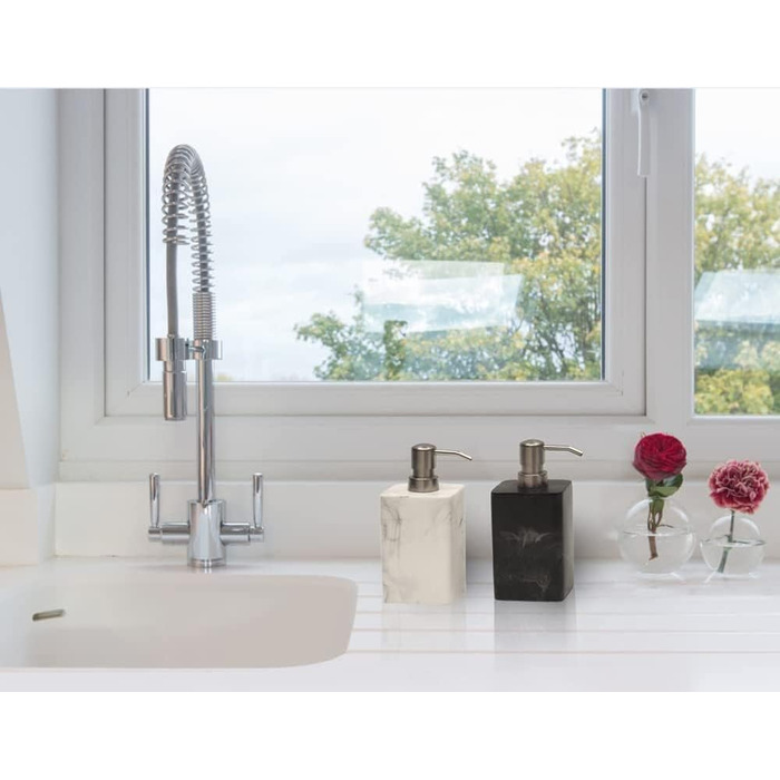 Дозатор для мила Suanti, 425 мл, з помпою з нержавіючої сталі, наповнюваний, квадратний, декоративний, для мила для рук, миття посуду та лосьйону, стиль мармур (срібна помпа - 2 шт.)