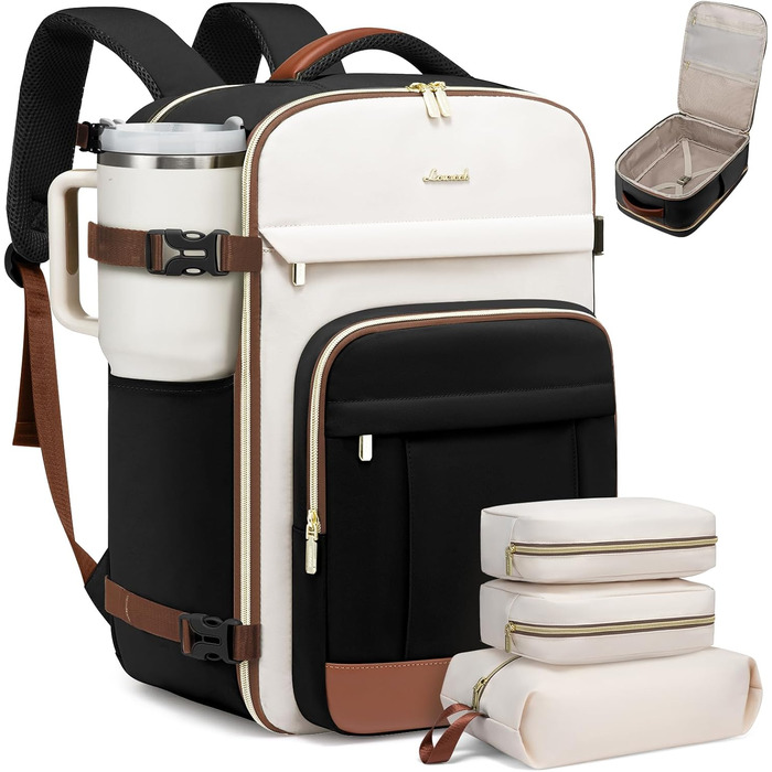 LOVEVOOK Рюкзак для ручної поклажі, 40L, для жінок з відділенням для 17-дюймового ноутбука, водонепроникний, для подорожей, роботи, бізнесу, Weekender, хакі (чорний-бежевий-коричневий)
