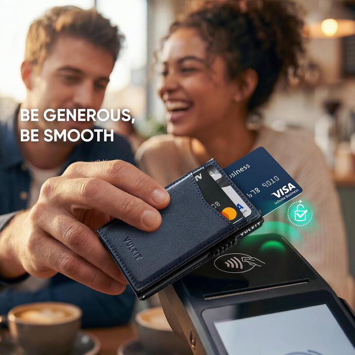 Гаманець-картхолдер VULKIT шкіряний RFID захист, автоматичний механізм для візиток та карток, темно-синій