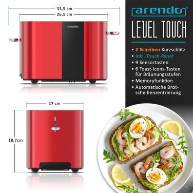 Тостер Arendo з нержавіючої сталі, 2 відділення, сенсорний дисплей, подвійні стінки, 800 Вт, підставка для тостів, 6 рівнів підсмажування, центрування хліба, індикатор часу, функція пам'яті (колір: кармінний)