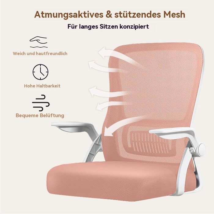 Ергономічне крісло для офісу з дихаючою спинкою Mesh, регульованими підлокітниками та підтримкою попереку для комп'ютера - Homeoffice (Medium, Рожевий)