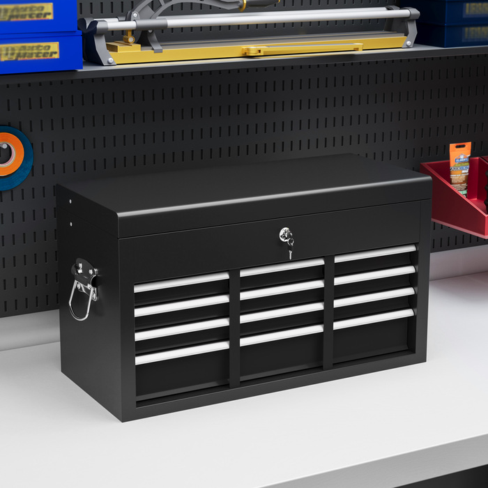 HOMCOM Tool Box, Tool Case without Tools, with 6 Drawers, Lock, Tool Box with Handle, Tool Chest, Steel, Black, 60 x 26 x 34 cm | Aosom