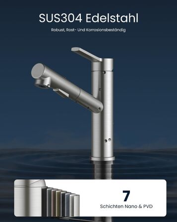 Однолеверний змішувач для кухні Dayone з висувною лійкою, нержавіюча сталь, 3 режими, 360° обертання, для кухонних мийок (15 см), матовий, преміум якість