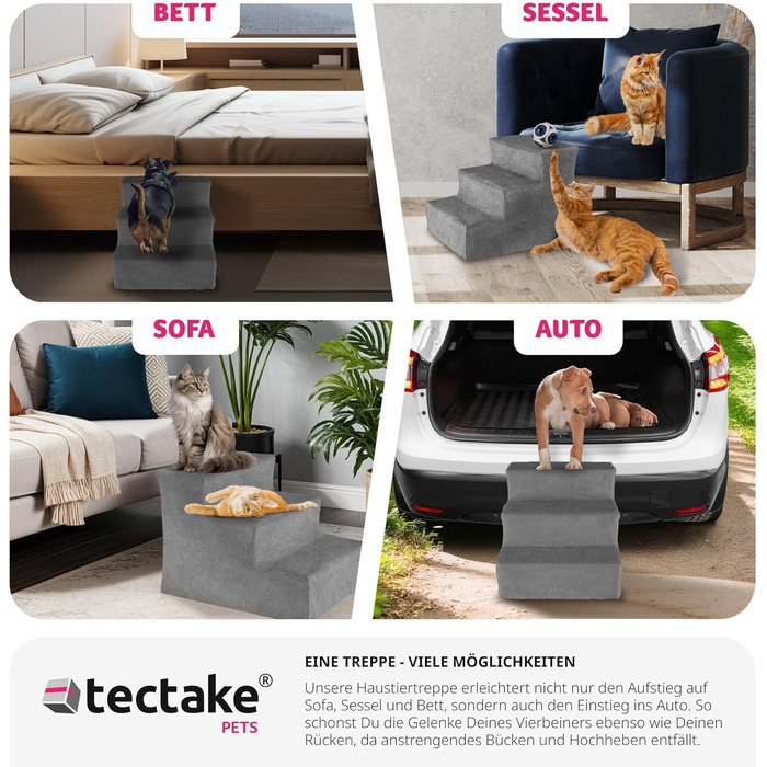 Сходинка для тварин tectake®: для собак та котів, зручний доступ до софи, ліжка, авто. Миючий чохол, плоскі сходинки, сірий колір, 37 x 45 x 34,5 см