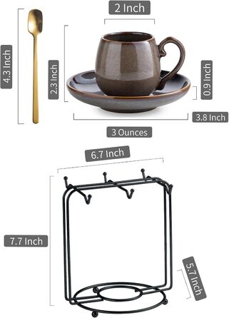 Набір чашок для еспресо LYEOBOH з блюдцями (6 шт.), 85 мл, кераміка, білий (коричневий)