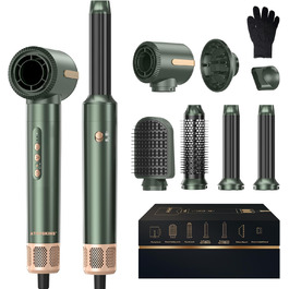 Atopskins Hairstyler: Фен-щітка 7-в-1 для створення зачісок, 110000 RPM, з іонізацією, дифузором, локонами, об'ємом, випрямленням, для волосся, зелений