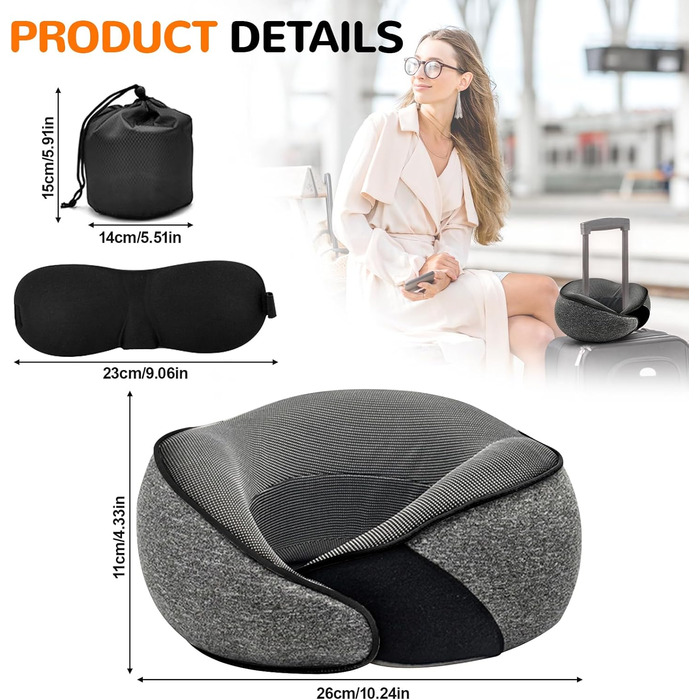 Подушка для шиї у літак, подушка для подорожей Memory Foam 360° підтримка, подушка-вичка з навушниками, маска для сну та сумка. Регульована, компактна подушка для подорожей літаком, автомобілем, поїздом. Чорний колір