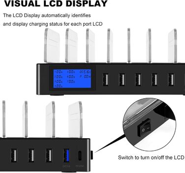 Зарядний пристрій Schnellladestation PD20W QC3.0 7-в-1 з LCD-дисплеєм, Multi-USB, для iPhone, iPad, Samsung, Huawei - Чорний