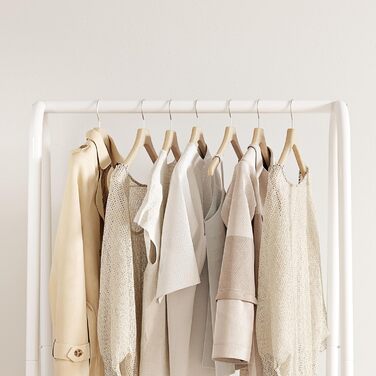 Robust metal clothes rack with double shelves for hanging clothes. Freestanding portable metal clothes rack, 62 L x 35 W x 157.5 H cm. Space-saving, Gold (White)