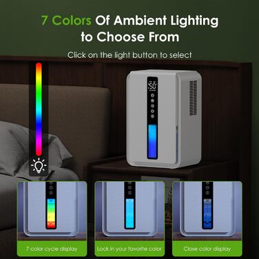 Електричний осушувач повітря 1.8L з антизаморожувальним захистом, 2 швидкості та 2 режими, таймер 48H, RGB підсвітка, для спальні, ванної кімнати та гуртожитку (2500 мл)