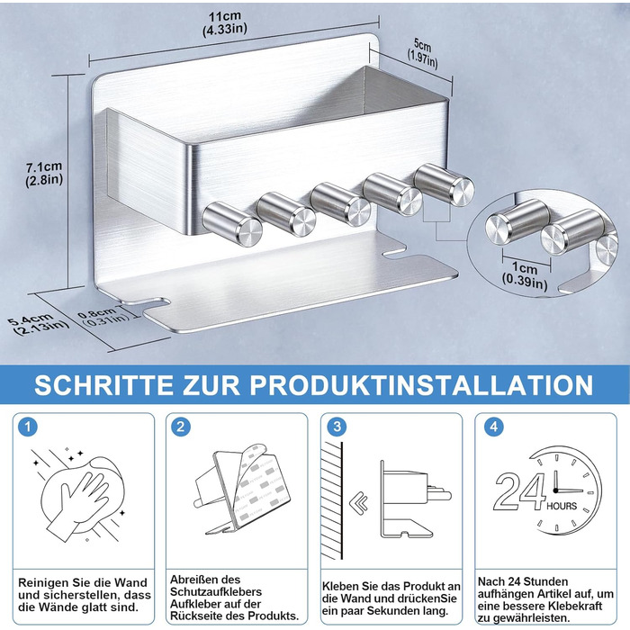 Тримач для зубних щіток GGQ настінний, для електричної зубної щітки, без свердління, самоклеючий, з підставкою для зубної пасти (срібний)