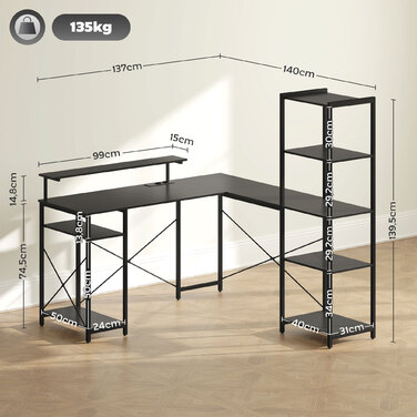 HOMCOM Desk, L-Shaped Computer Desk 137 x 140 x 139.5 cm Corner Desk with 6 Shelves, Office Desk with Monitor Stand, USB, Socket, for Home Office, Office, Black | Aosom