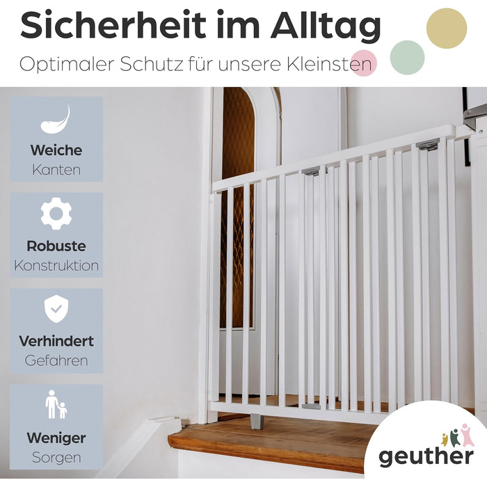 Захист для сходів Geuther Oris | Дверний захист для сходів з кріпленням, 2 клямки для поручнів, ширина | Стабільний захист з розпадною дверцятами | Дерев'яне дитяче гiтер, натуральний лак (білий, 95-135 см)