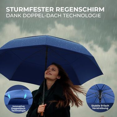 Logan & Barnes Stormproof Umbrella - 120cm Diameter, Wooden Handle - XXL Large Umbrella for 2 People - Chicago Model (Blue)