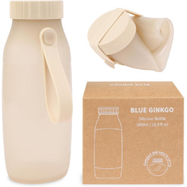 BLUE GINKGO Collapsible Water Bottles [2-Pack] – Lightweight, foldable silicone bottles for travel, hiking, and camping (500ml, Made in Korea, Beige) (500 ml, Sand Beige)