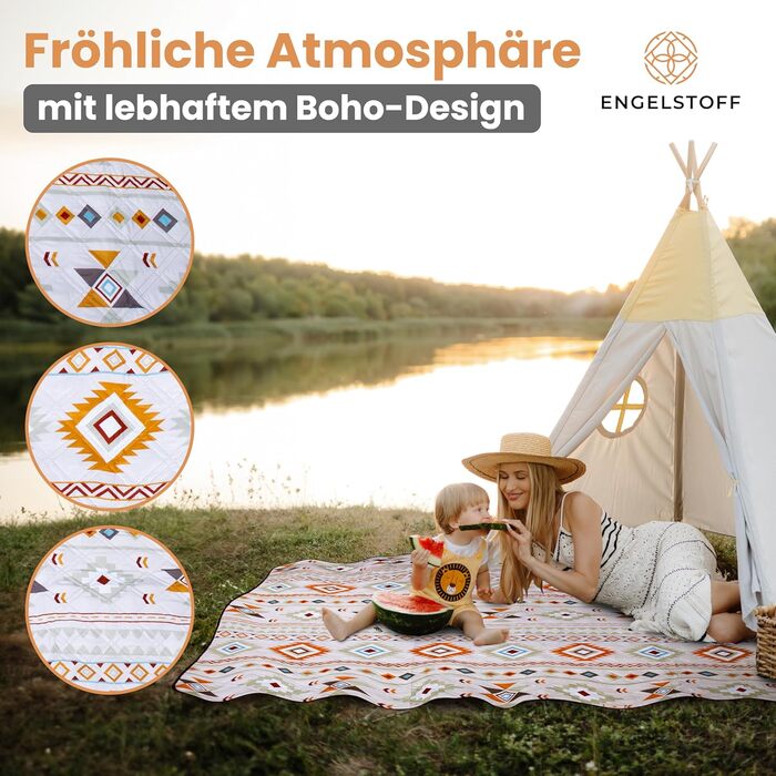 Engelstoff® Waterproof Picnic Blanket - Boho Blanket 200x200 cm - XXL Beach Blanket - Waterproof Blanket for Outdoor Use, Insulated, for Swimming Pools, Beach, Park, Travel, Hiking, Playground, Camping including e-Book