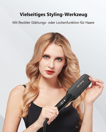 ANNLARY 2-in-1 Hair Straightener & Curling Wand with Titanium Ceramic Ion Technology - Anti-Heat Silicone Protection for Less Split Ends, Shiny Hair - Dual Voltage (110-240V) - Black/Rose Gold (1.75 inch)