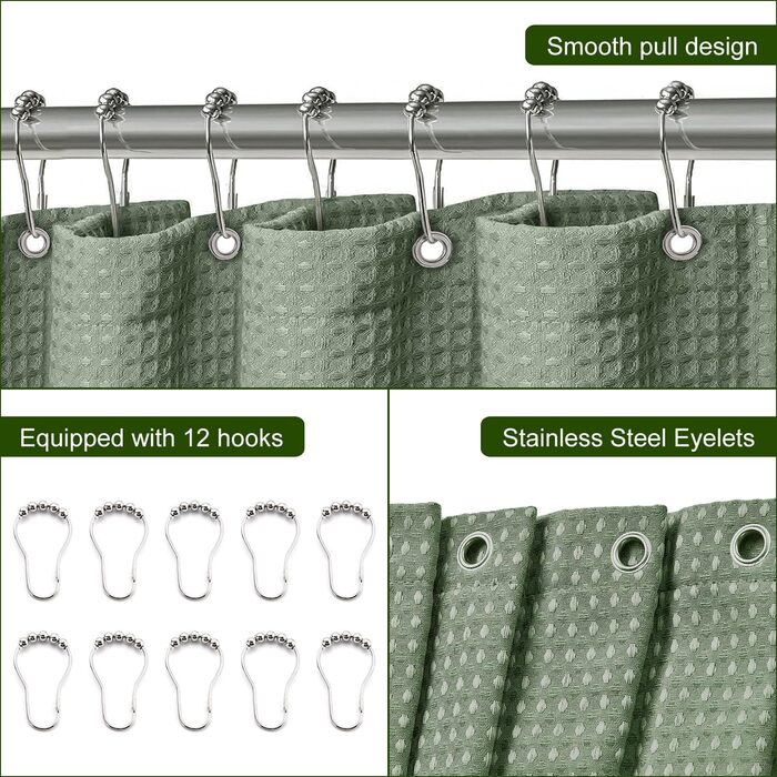 Штора для душу Waffel 183x198 см - текстильна, поліестер, з магнітами, 12 кілець, непрозора, водовідштовхувальна, для ванної кімнати (зелена)