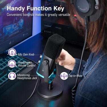Ігровий мікрофон FIFINE XLR/USB для стрімінгу та подкастів, динамічний студійний мікрофон з RGB-підсвіткою, регулятором підсилення, функцією Mute та роз'ємом для навушників