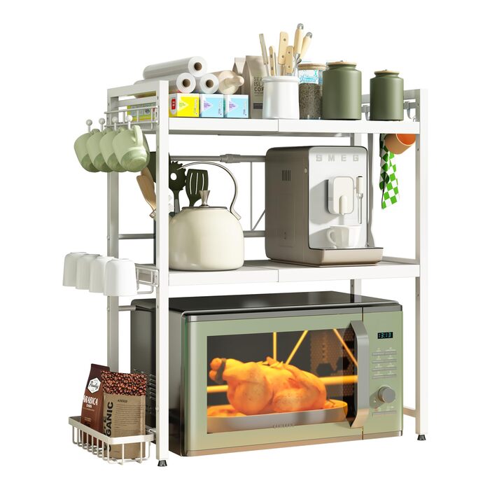 Підставка для мікрохвильової печі NETEL, 2-рівнева, чорна, висувна 40-60 см. З полицями для напоїв та кошиком