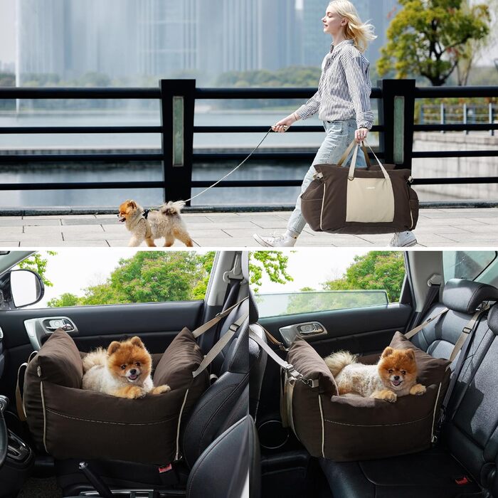 Pet Car Seat for Small Dogs - Waterproof and Washable Dog Car Seat with Storage Pockets, Detachable Safety Leash, and Thickened Memory Foam Filling, 58x56x33cm, (Brown)