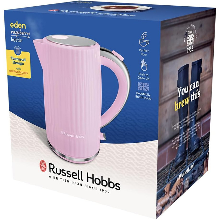 Russell Hobbs Kettle [1.7L 2400W] Eden White, Stainless Steel Accents (removable scale filter, push-button lid opening, water level indicator, illuminated switch, BPA free) Teakettle 27360-70 (Raspberry)