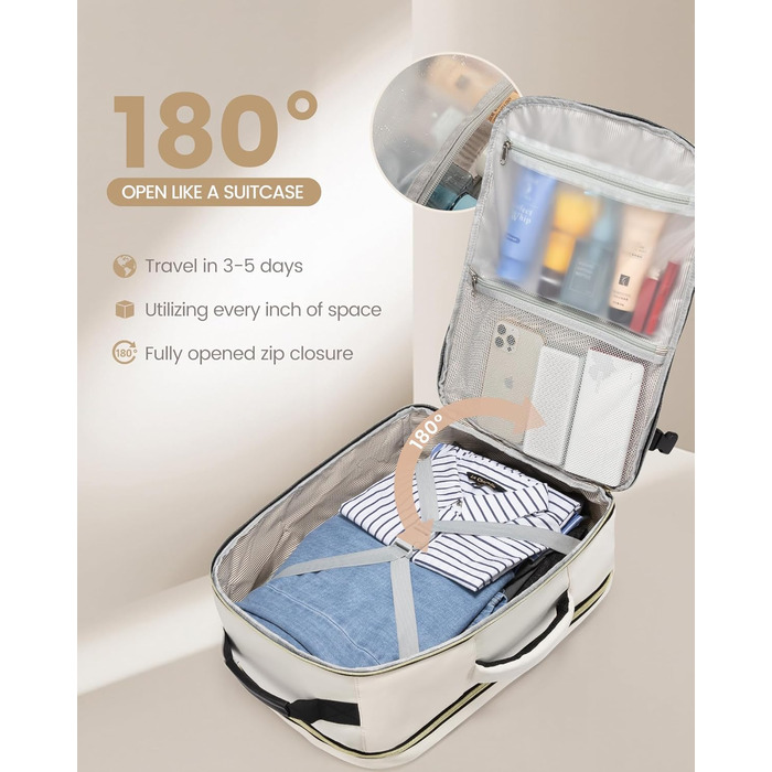 Рюкзак LOVEVOOK для ручної поклажі в літак, 40L, великий, для жінок, валіза-рюкзак, водонепроникний, для ноутбука 17 дюймів, для подорожей, бізнесу, роботи, відпочинку, хайкінгу, weekend (M, Бежевий+чорний)