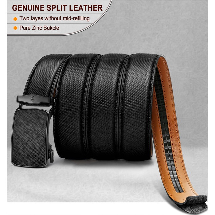 Чоловічий шкіряний ремінь KEMISANT з автоматичною пряжкою, 35 мм, без отворів, регульований, чорний