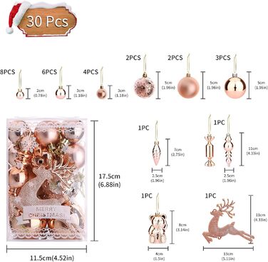 30 шт. Новорічні кулі Рожеве золото, прикраси для ялинки, 3см, 4см, 6см, міцні, для дому та святкування