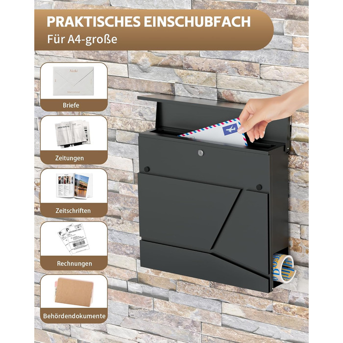 Поштовий ящик Edestahl Anthrazit з газетницею (37x37x10 см), персоналізований з табличкою для імені, вуличний, захист від реклами