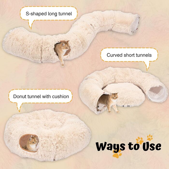 Cat Tunnel with Central Cushion, Soft Cat Toy Round Multi-Function Cat Bed - (Beige)