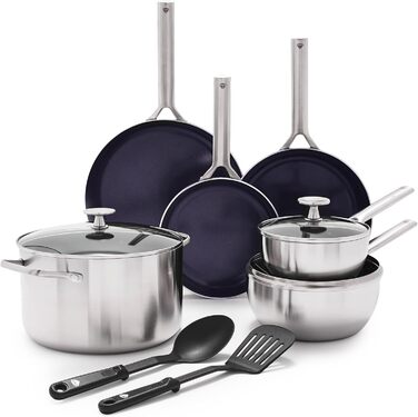 Набір посуду Blue Diamond Cookware (11 предметів): сковороди, каструлі з нержавіючої сталі з покриттям DiamantKeramik, антипригарне покриття, без PFAS, для індукційних плит, можна мити в посудомийній машині та використовувати в духовці, срібний колір