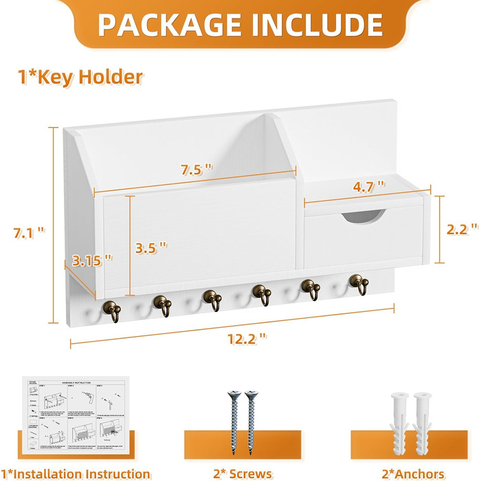 Настінна органайзер для ключів з 6 гачками та шухлядою, дерев'яний, для дому, офісу (білий)