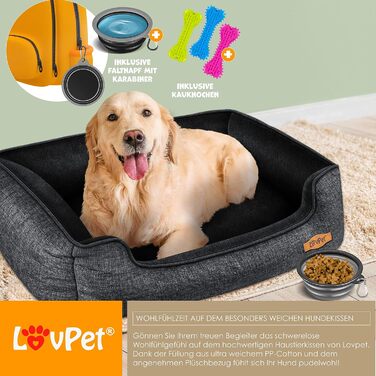 Lovpet® Dog Bed Dog Cushion Dog Basket Chiller, Incl. Bowl + 3X Chew Bones, Dog Sofa Cushion for Small, Medium & Large Dogs, Removable and Washable Cover, L 90 x 75 x 25 cm (L (90 x 75 x 25 cm), Anthracite)