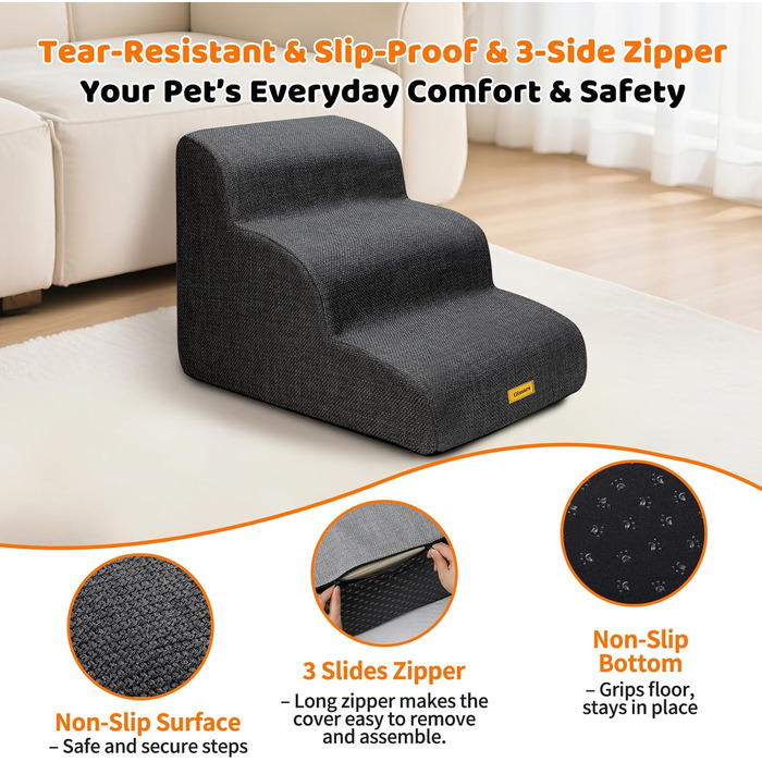 Сходинки для собак Gimars 30D: широкі, міцні, з антиковзким покриттям, 3 сходинки, 40 см, знімний чохол, чорний