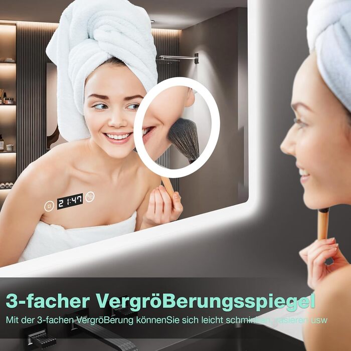 LED дзеркало для ванної кімнати 80x60 см з підсвічуванням, 3 кольори, регулювання яскравості, антизапарник, годинник, 3x збільшення