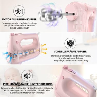 Електричний ручний міксер з нержавіючої сталі, вінчики та гаки для тіста, 5 швидкостей, Turbo Boost, для випічки, тортів, яєць та збивання (РОЖЕВИЙ)