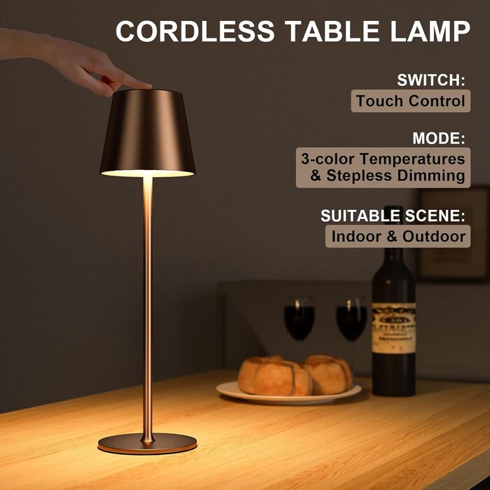 Акумуляторна LED настільна лампа бездротова з USB-C зарядкою, регульована яскравість, 3 режими світла, коричнева. Для дому, офісу, кемпінгу.