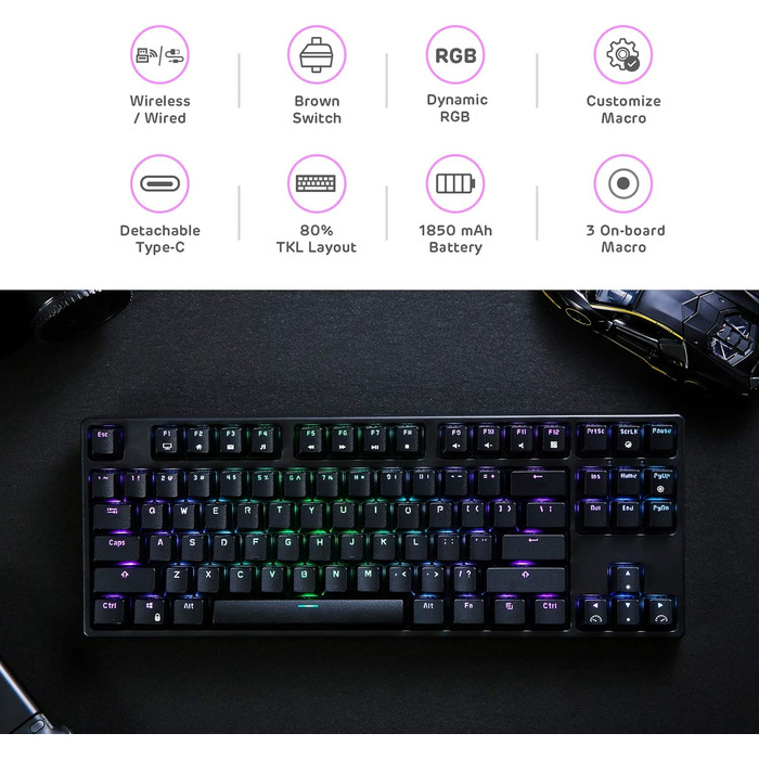 Механічна ігрова клавіатура Royal Kludge RK87G RGB TKL з 87 клавішами, без NumPad, тактильні коричневі перемикачі, підключення 2.4G, макроналаштування, чорний колір