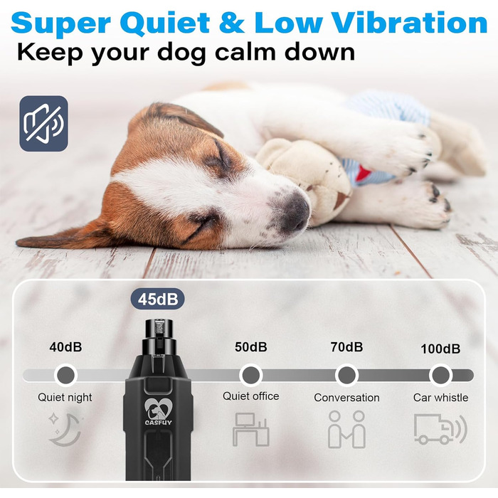 Електричний точило для собачих кігтів Casfuy 6-ступінчате - Безшумний, акумуляторний тример для собак великих, середніх та малих порід (сірий)