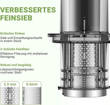 AMZCHEF Juicer, Slow Juicer - 126MM Large Feed Chute for Whole Vegetables and Fruits, Stainless Steel Juicer, Easy to Clean, Large Auger, Double Strainers