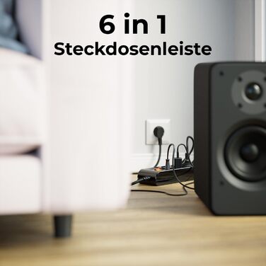 Многофункціональна мережева стрічка deleyCON з 6 розетками та індивідуальними вимикачами (3м, чорна)