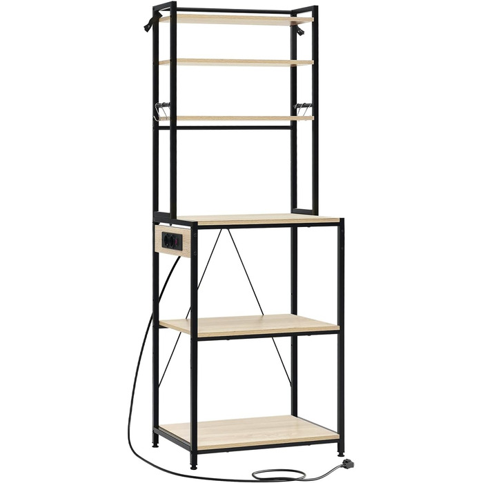 Кухонна полиця WOLTU з 6 ярусами, з розетками, для мікрохвильової печі, з металевим каркасом, регульовані полиці, Чорний+Рустикальний коричневий, 60 x 167 x 40 см