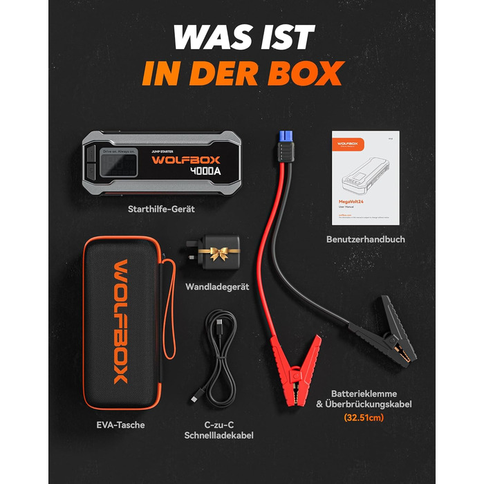 WOLFBOX Powerbank для запуску авто 4000A, 12V, з LED-ліхтарем та великим екраном, для легкових автомобілів, SUV, вантажівок та мотоциклів