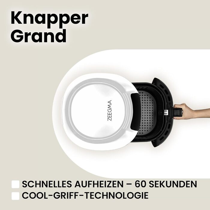 Фритюрниця без олії ZEEGMA KNAPPER GRAND 1700 Вт, 2 відсіки, 9 л, таймер 60 хв, 11 програм, 60-200°C, швидкий нагрів, сенсорне керування, білий колір