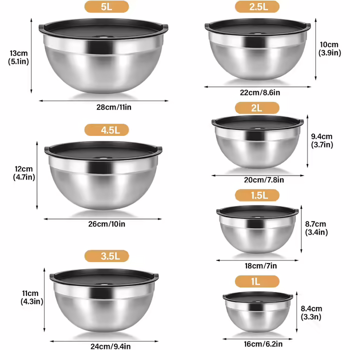 Stainless Steel Bowl Set, 7-Piece, Stainless Steel Mixing Bowls, Salad Bowls, Kitchen Bowls with Lids, Multifunctional Bowls, Nesting