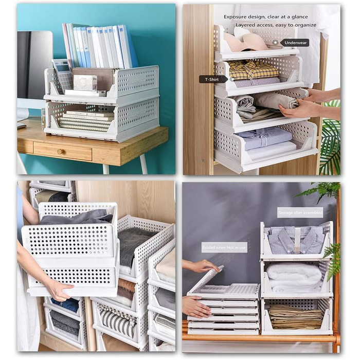Ygapuzi 2 Pack Stackable Clothes Storage Basket Organizer Drawer Cabinet Shelf Divider Separator Desktop Container for Closet Wardrobe Kitchen Bathroom Office (White - 2Pack)