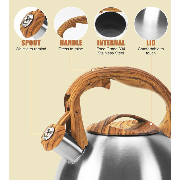 Чайник-свисток Foedo з нержавіючої сталі з дерев'яною обробкою, 3.2 л, для чаю, води, кави та молока, класичний дизайн, червоний (срібний)