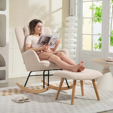 HOMCOM Rocking Chair with Ottoman, Soft Fleece Upholstery, Wooden Legs, Cushion, High Back, Rocker, Beige